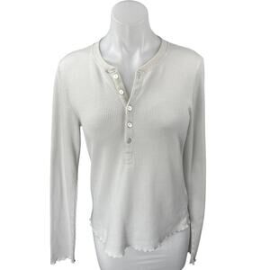 WSLY Cream Long Sleeve Waffle Knit Lettuce Henley Thermal Sweater Top Size L